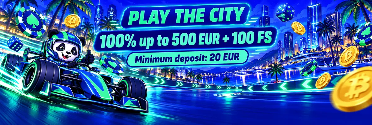 Racing-helmet panda steering an open-wheel car past illuminated high-rises and palm trees, with bold casino and cryptocurrency symbols in the night scene.